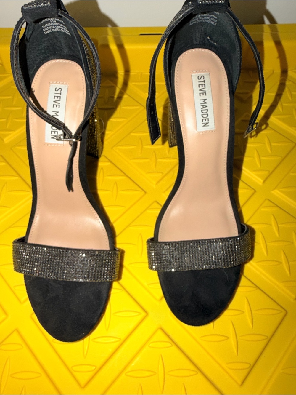 Steve Madden Black Rhinestone Strap Open-Toe Heels